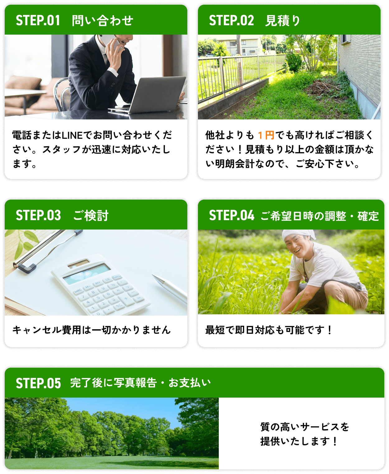 01. 問い合わせ/02. 見積り/03. ご検討/04. ご希望日時の調整・確定/05. 完了後に写真報告・お支払い